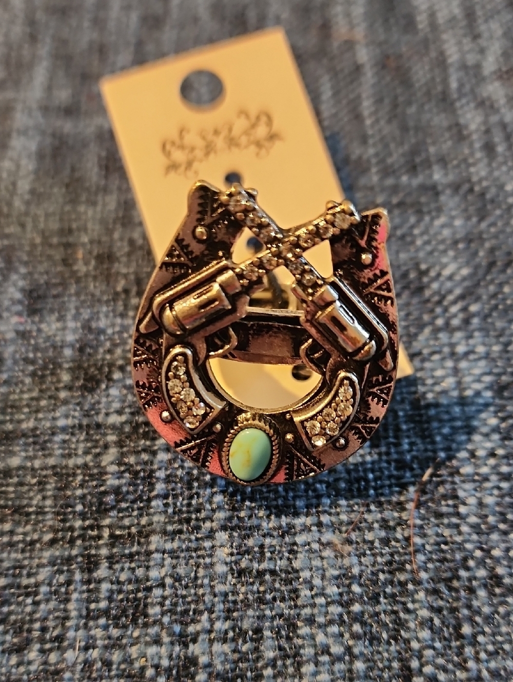 Western Turquoise Horseshoe Ring with Rhinestones - Silver Tone